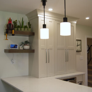 Durasupreme White Oak Morel Wood Stained Floating Shelves and CB2 Pendant Lights