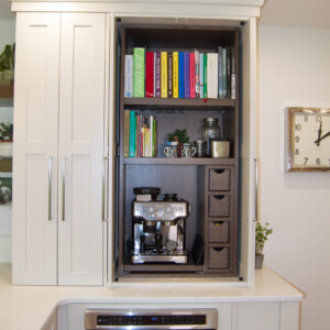 Putty Colored Durasupreme Pantry and Morel Stained Oak Coffee Station