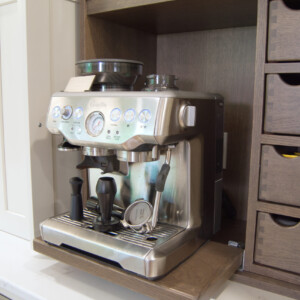 Close Up of White Oak Morel Wood Stained Durasupreme Coffee Station