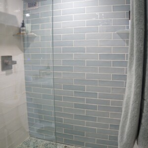 Wall Tile: Collossae Beige & Ape Green Floor Tile: Mosaic Green Pebble