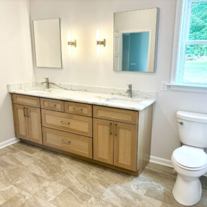 Dura Supreme Quarter Sawn White Oak Double Vanity with Round Rail Pulls in Brushed Nickel