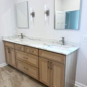 Dura Supreme Quarter Sawn White Oak Double Vanity - Carson Door in Coriander with Brushed Nickel Accents