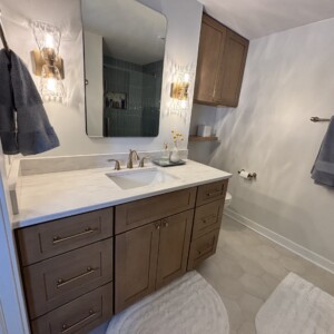 Timber Cabinetry with Banza Bianco Hexagon Floor Tiles