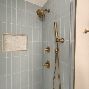 Rumba Ash Blue Shower Tile with Cloudland 2" Hexagon Floor & Niche